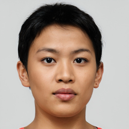 Neutral asian young-adult female with short  brown hair and brown eyes
