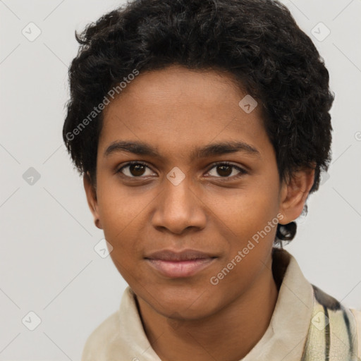 Joyful black young-adult female with short  brown hair and brown eyes