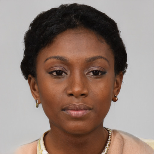 Neutral latino young-adult female with short  brown hair and brown eyes