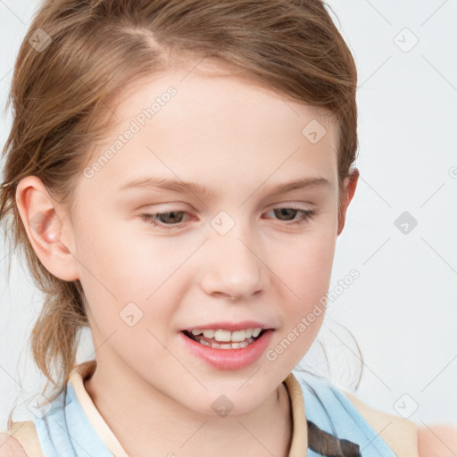 Joyful white child female with medium  brown hair and blue eyes