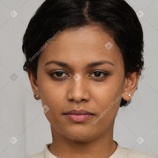 Neutral asian young-adult female with short  black hair and brown eyes