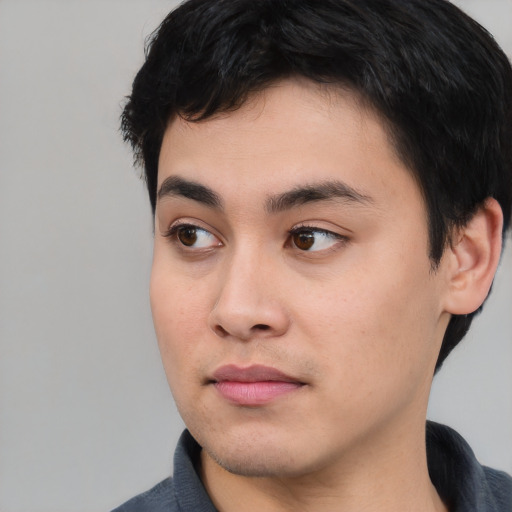 Neutral asian young-adult male with short  black hair and brown eyes