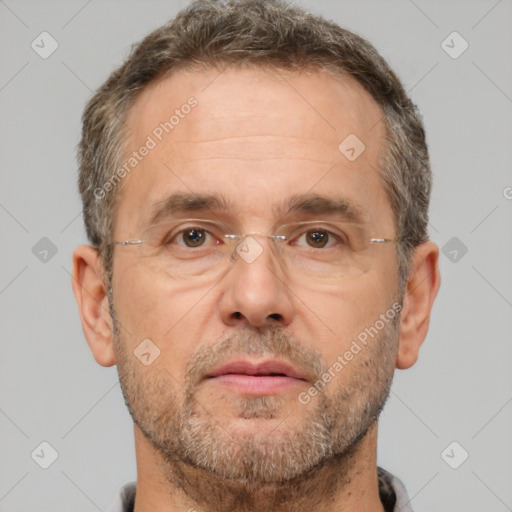 Neutral white adult male with short  brown hair and brown eyes