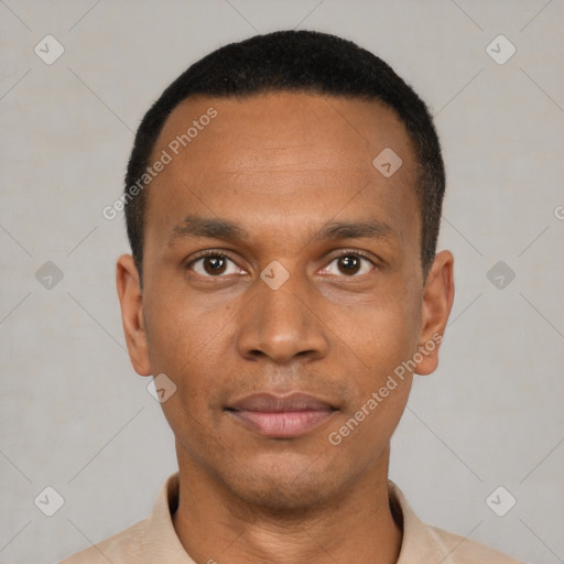 Neutral black young-adult male with short  black hair and brown eyes