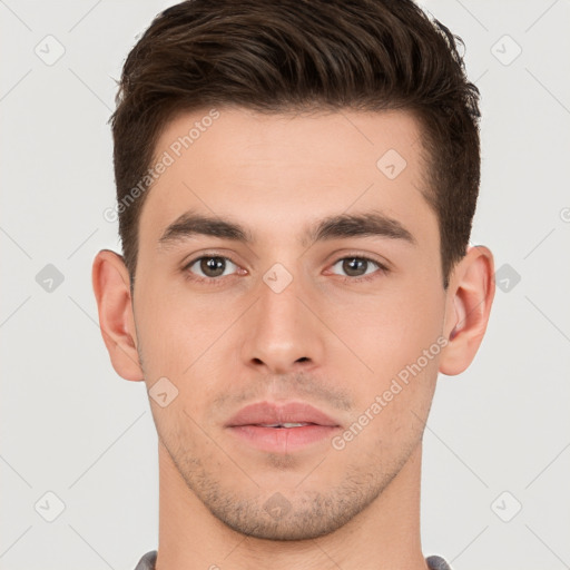 Neutral white young-adult male with short  brown hair and brown eyes