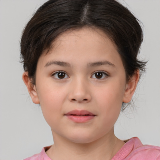 Joyful white child female with medium  brown hair and brown eyes