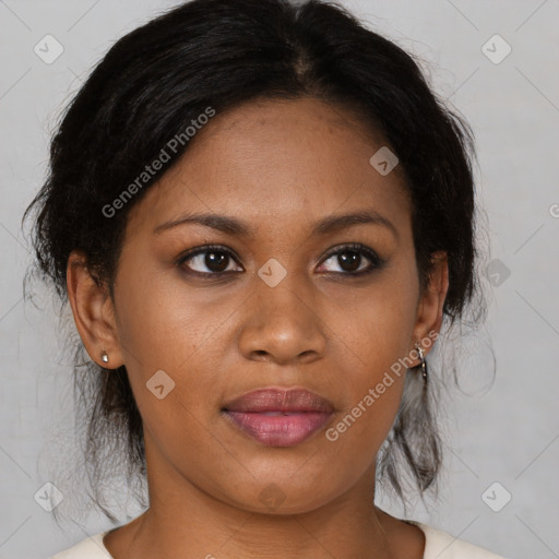 Joyful black young-adult female with medium  brown hair and brown eyes