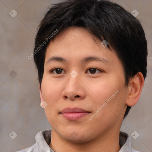 Joyful asian young-adult female with short  brown hair and brown eyes