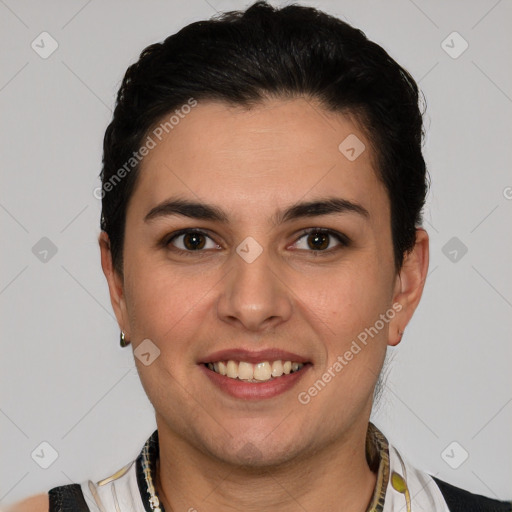 Joyful white young-adult female with short  brown hair and brown eyes