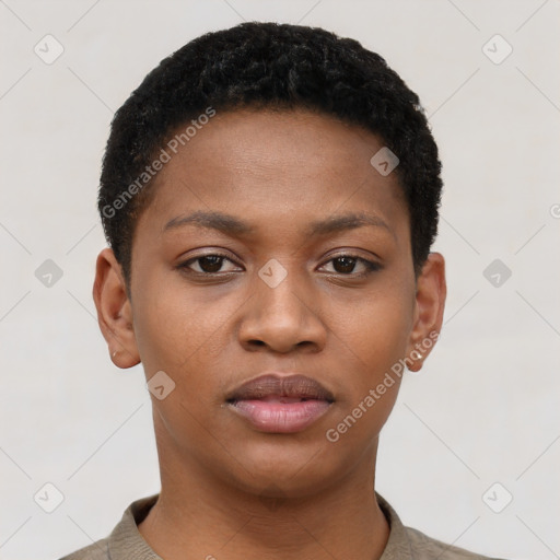 Neutral black young-adult female with short  black hair and brown eyes