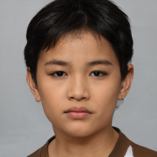 Neutral asian child female with short  black hair and brown eyes