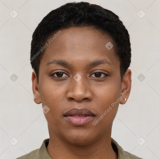 Neutral black young-adult female with short  black hair and brown eyes