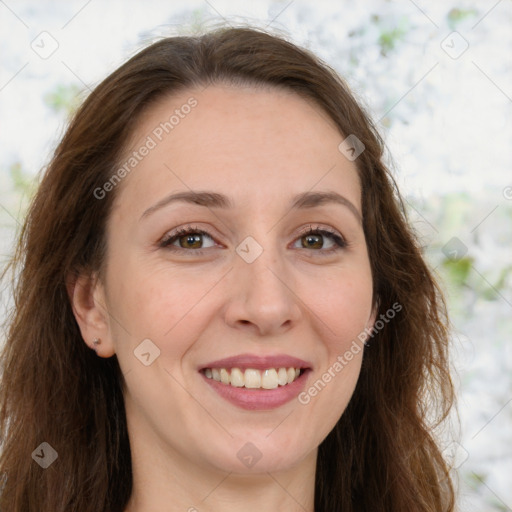 Joyful white young-adult female with long  brown hair and green eyes