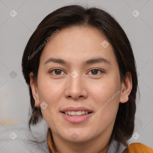 Joyful white young-adult female with medium  brown hair and brown eyes