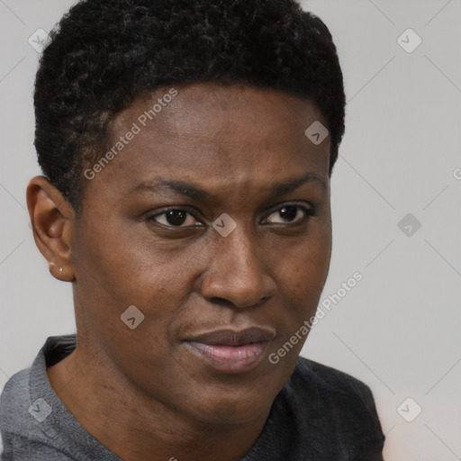 Neutral black young-adult female with short  brown hair and brown eyes