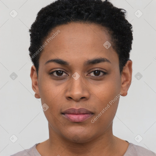 Joyful black young-adult female with short  black hair and brown eyes