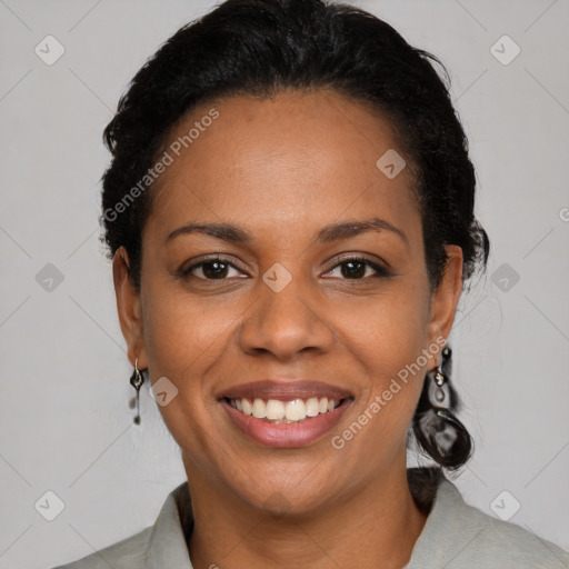 Joyful black young-adult female with medium  black hair and brown eyes