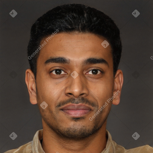 Neutral latino young-adult male with short  black hair and brown eyes