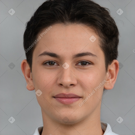 Joyful white young-adult female with short  brown hair and brown eyes