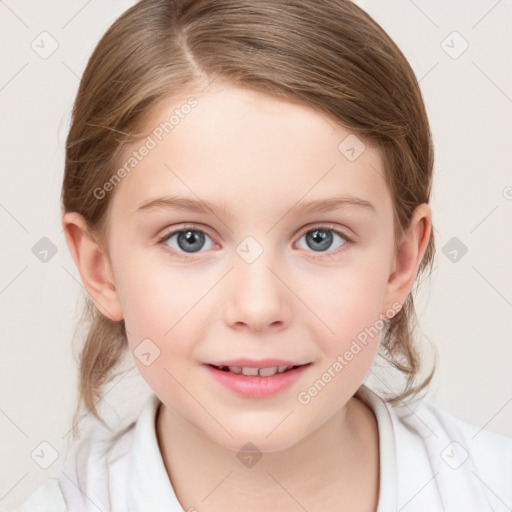 Joyful white child female with medium  brown hair and blue eyes