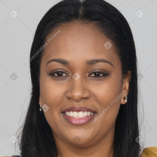 Joyful latino young-adult female with long  brown hair and brown eyes