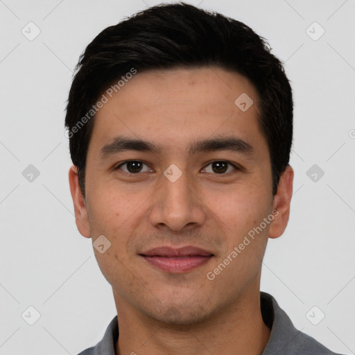 Joyful white young-adult male with short  black hair and brown eyes