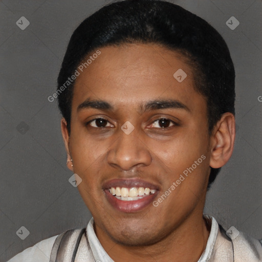 Joyful latino young-adult male with short  black hair and brown eyes