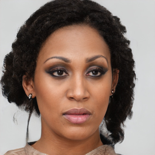 Neutral black young-adult female with medium  brown hair and brown eyes