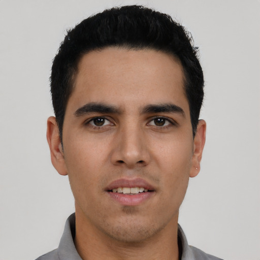 Neutral asian young-adult male with short  black hair and brown eyes