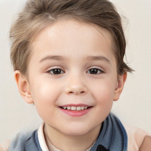 Joyful white child female with short  brown hair and brown eyes