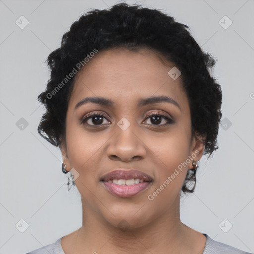 Joyful latino young-adult female with short  black hair and brown eyes