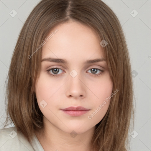 Neutral white young-adult female with medium  brown hair and brown eyes