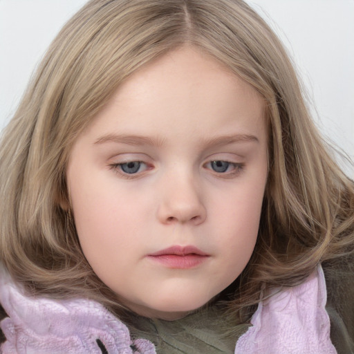 Neutral white child female with medium  brown hair and blue eyes