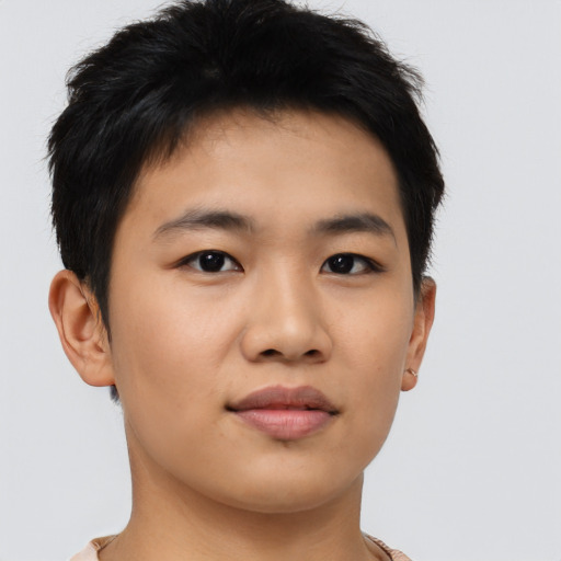 Neutral asian young-adult male with short  brown hair and brown eyes