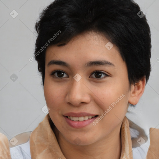 Joyful latino young-adult female with medium  brown hair and brown eyes