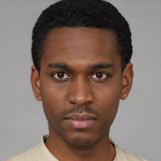 Neutral black young-adult male with short  black hair and brown eyes
