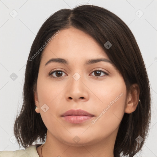 Neutral white young-adult female with medium  brown hair and brown eyes