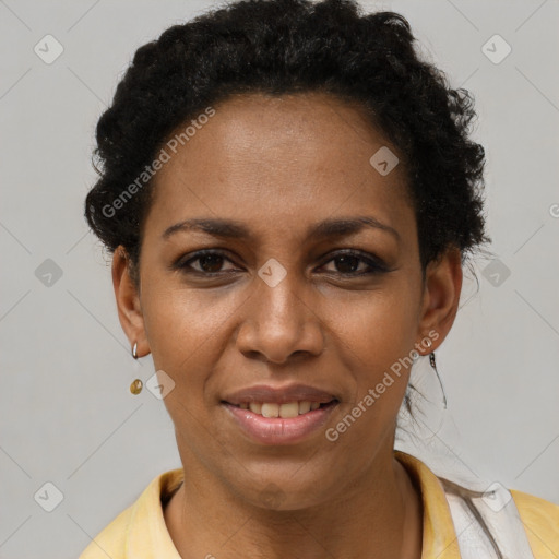 Joyful latino young-adult female with short  brown hair and brown eyes