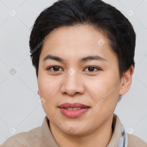 Joyful asian young-adult female with short  brown hair and brown eyes