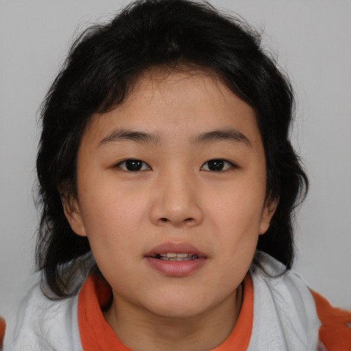 Neutral asian young-adult female with medium  brown hair and brown eyes