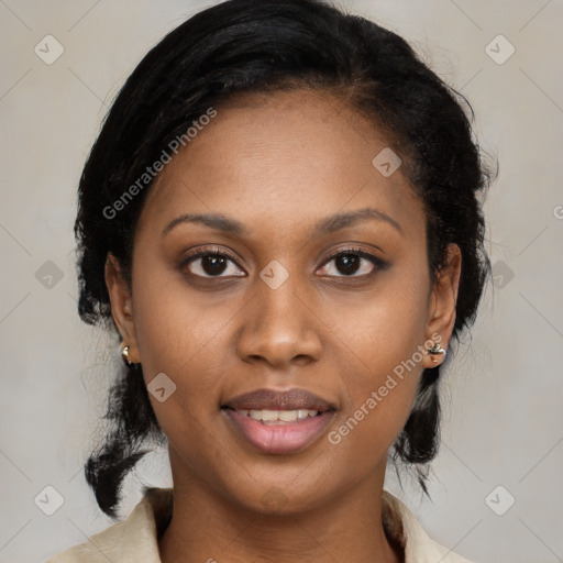 Joyful black young-adult female with medium  black hair and brown eyes