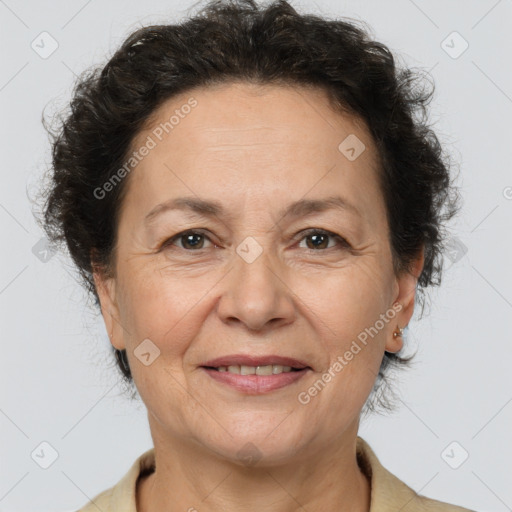 Joyful white adult female with short  brown hair and brown eyes