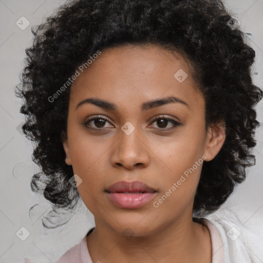 Joyful latino young-adult female with medium  black hair and brown eyes