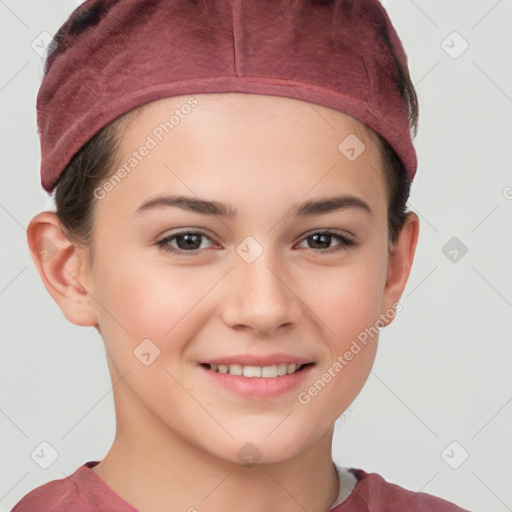 Joyful white child female with short  brown hair and brown eyes