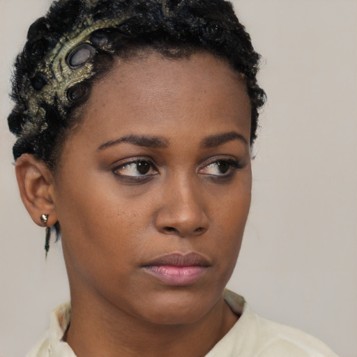 Neutral black young-adult female with short  brown hair and brown eyes