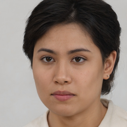 Neutral asian young-adult female with short  brown hair and brown eyes