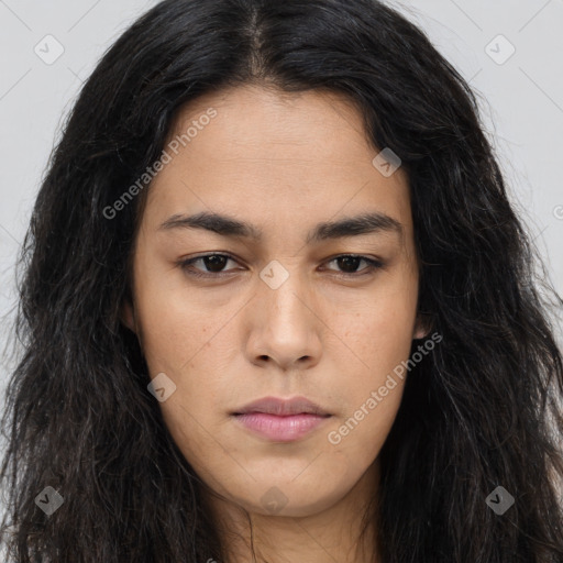 Neutral asian young-adult female with long  brown hair and brown eyes