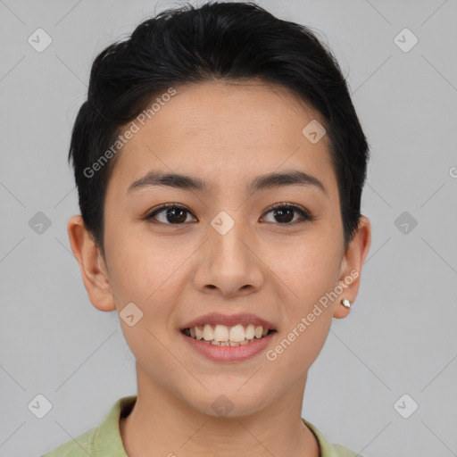 Joyful asian young-adult female with short  brown hair and brown eyes