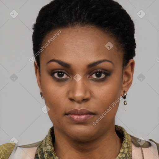 Neutral black young-adult female with short  black hair and brown eyes