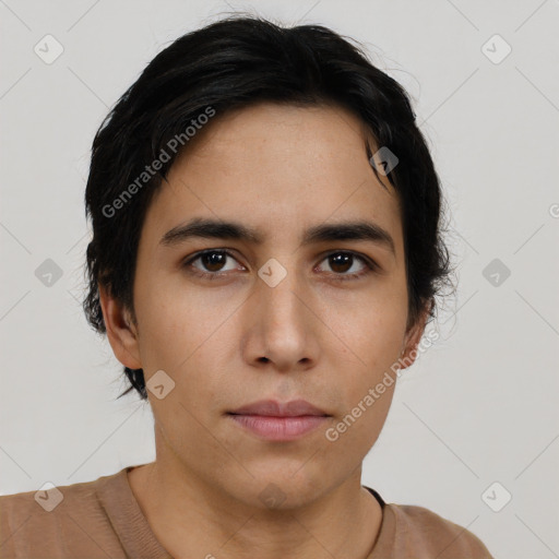 Neutral latino young-adult male with short  black hair and brown eyes